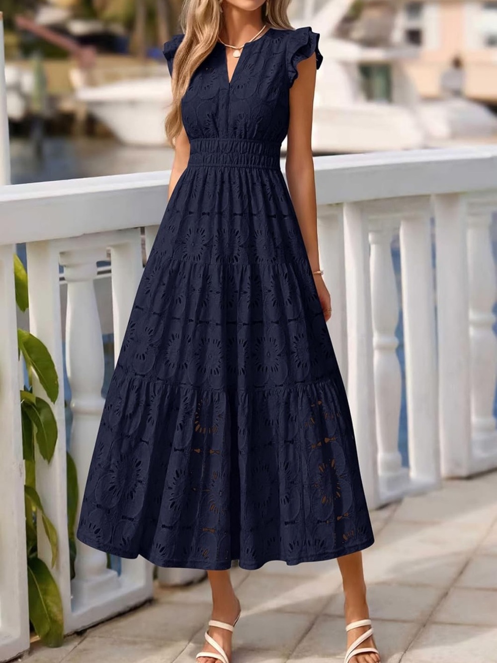 NWT PrettyGarden Women's Blue Floral Lace Boho Eyelet Maxi (L)